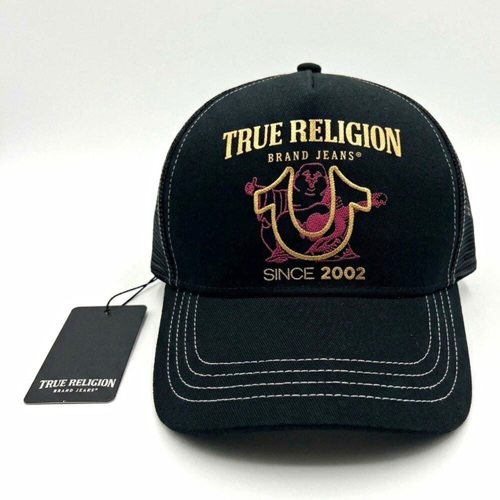 True Religion Black Buddha Foil Logo Trucker Hat Adjustable One Size Men's